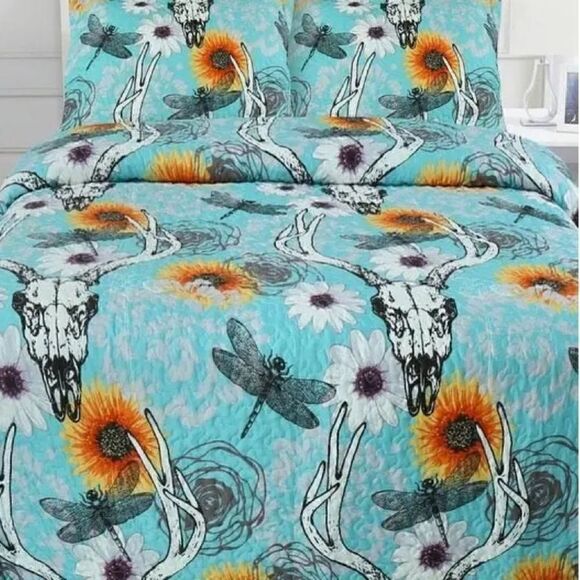 NEW! Southwestern Sunflowers and Skulls Printed KING Quilt Set Dragonfly Mojave - Picture 1 of 2